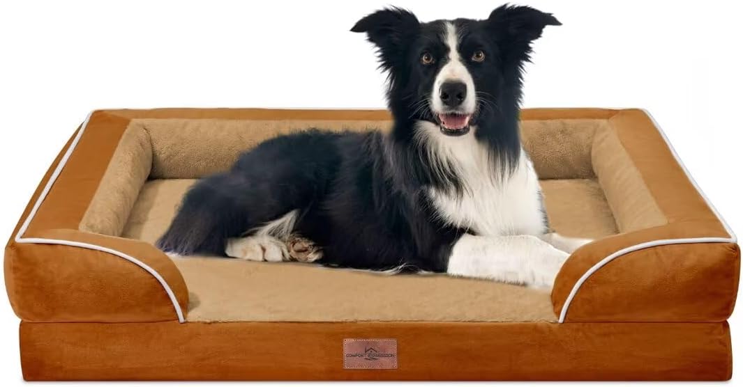 Comfort Expression Orthopedic Dog Bed for Extra Large Dogs with Bolster | Waterproof Dog Couch Bed with Washable Cover & Non-Slip Bottom, Supportive Egg Crate Foam XL Pet Bed, 42x30 Inch