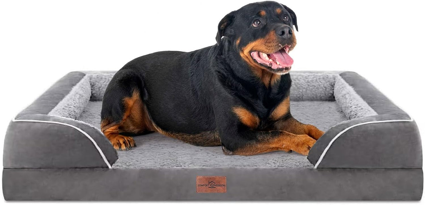 Comfort Expression Orthopedic Dog Bed for Extra Large Dogs with Bolster | Waterproof Dog Couch Bed with Washable Cover & Non-Slip Bottom, Supportive Egg Crate Foam XL Pet Bed, 42x30 Inch
