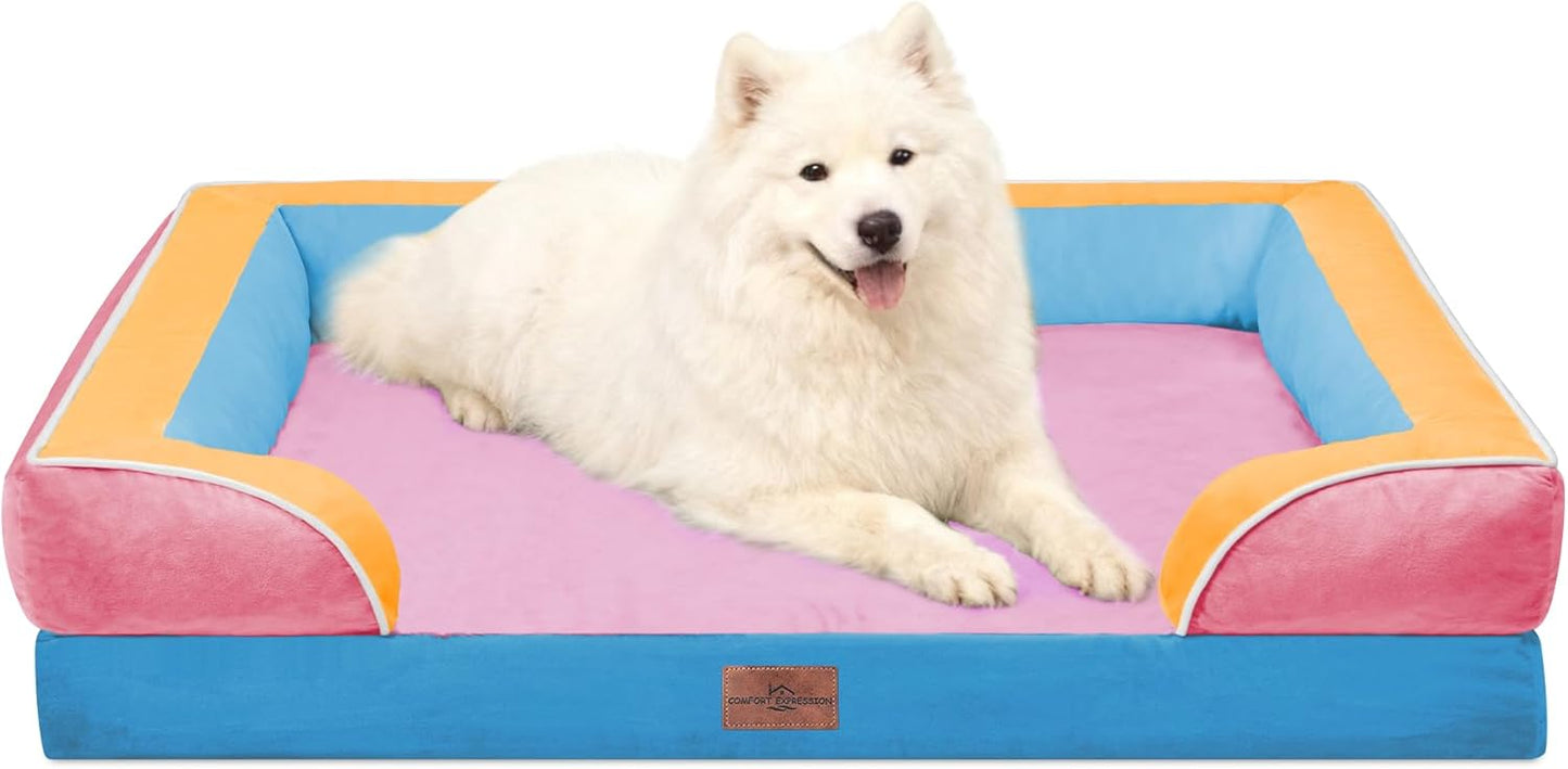Comfort Expression Orthopedic Dog Bed for Extra Large Dogs with Bolster | Waterproof Dog Couch Bed with Washable Cover & Non-Slip Bottom, Supportive Egg Crate Foam XL Pet Bed, 42x30 Inch