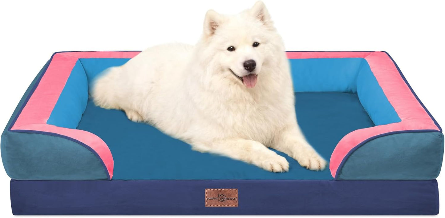 Comfort Expression Orthopedic Dog Bed for Extra Large Dogs with Bolster | Waterproof Dog Couch Bed with Washable Cover & Non-Slip Bottom, Supportive Egg Crate Foam XL Pet Bed, 42x30 Inch