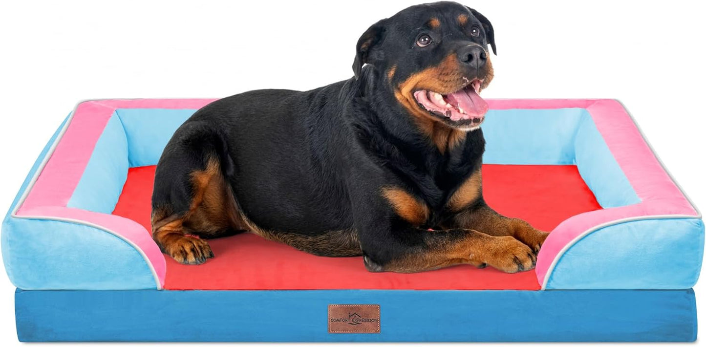 Comfort Expression Orthopedic Dog Bed for Extra Large Dogs with Bolster | Waterproof Dog Couch Bed with Washable Cover & Non-Slip Bottom, Supportive Egg Crate Foam XL Pet Bed, 42x30 Inch