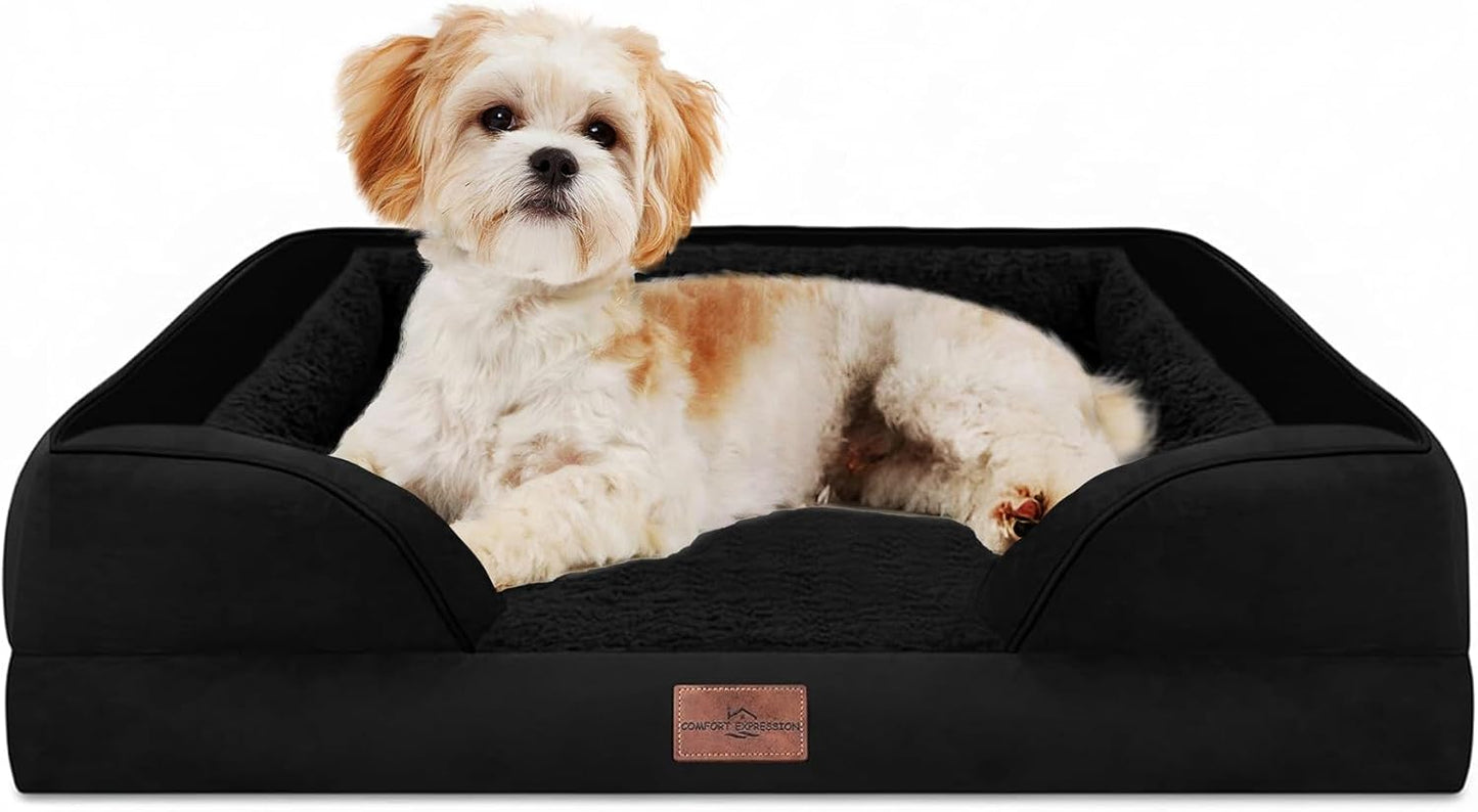 Comfort Expression Orthopedic Dog Bed for Extra Large Dogs with Bolster | Waterproof Dog Couch Bed with Washable Cover & Non-Slip Bottom, Supportive Egg Crate Foam XL Pet Bed, 42x30 Inch
