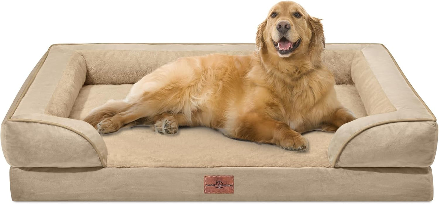 Comfort Expression Orthopedic Dog Bed for Extra Large Dogs with Bolster | Waterproof Dog Couch Bed with Washable Cover & Non-Slip Bottom, Supportive Egg Crate Foam XL Pet Bed, 42x30 Inch