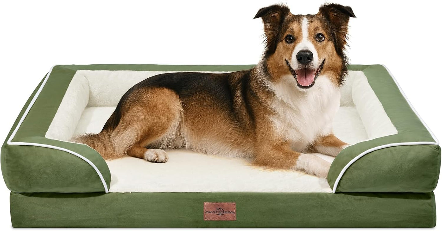 Comfort Expression Orthopedic Dog Bed for Extra Large Dogs with Bolster | Waterproof Dog Couch Bed with Washable Cover & Non-Slip Bottom, Supportive Egg Crate Foam XL Pet Bed, 42x30 Inch