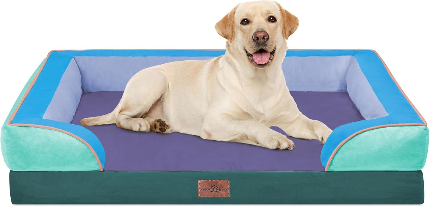 Comfort Expression Orthopedic Dog Bed for Extra Large Dogs with Bolster | Waterproof Dog Couch Bed with Washable Cover & Non-Slip Bottom, Supportive Egg Crate Foam XL Pet Bed, 42x30 Inch