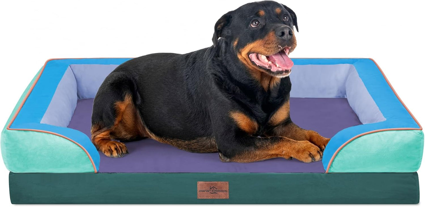 Comfort Expression Orthopedic Dog Bed for Extra Large Dogs with Bolster | Waterproof Dog Couch Bed with Washable Cover & Non-Slip Bottom, Supportive Egg Crate Foam XL Pet Bed, 42x30 Inch