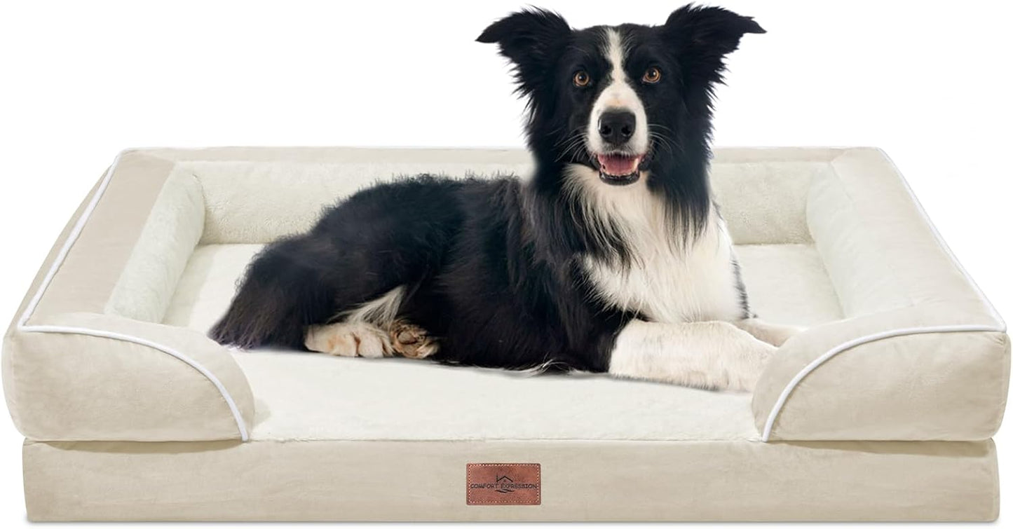 Comfort Expression Orthopedic Dog Bed for Extra Large Dogs with Bolster | Waterproof Dog Couch Bed with Washable Cover & Non-Slip Bottom, Supportive Egg Crate Foam XL Pet Bed, 42x30 Inch