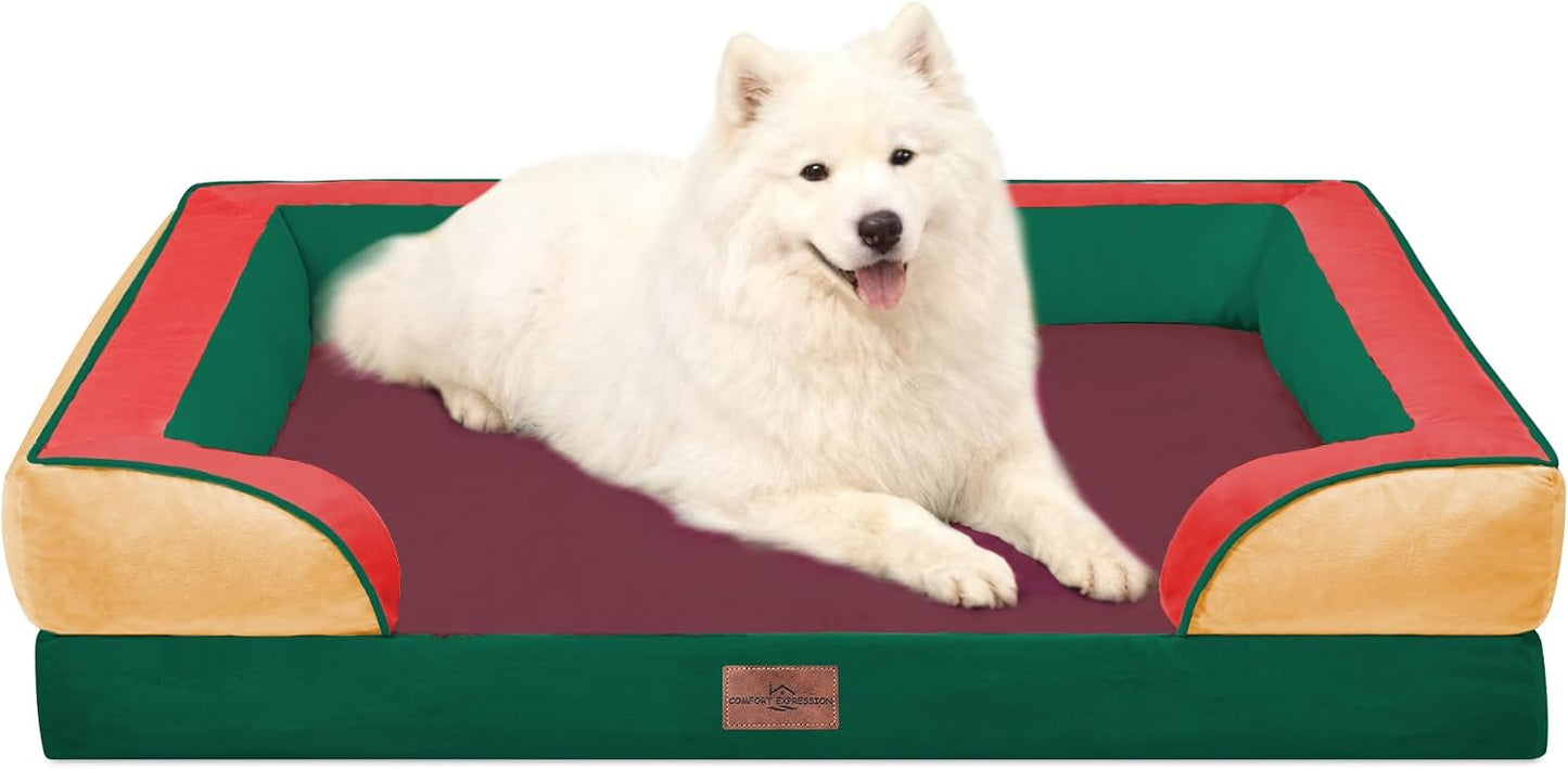 Comfort Expression Orthopedic Dog Bed for Extra Large Dogs with Bolster | Waterproof Dog Couch Bed with Washable Cover & Non-Slip Bottom, Supportive Egg Crate Foam XL Pet Bed, 42x30 Inch