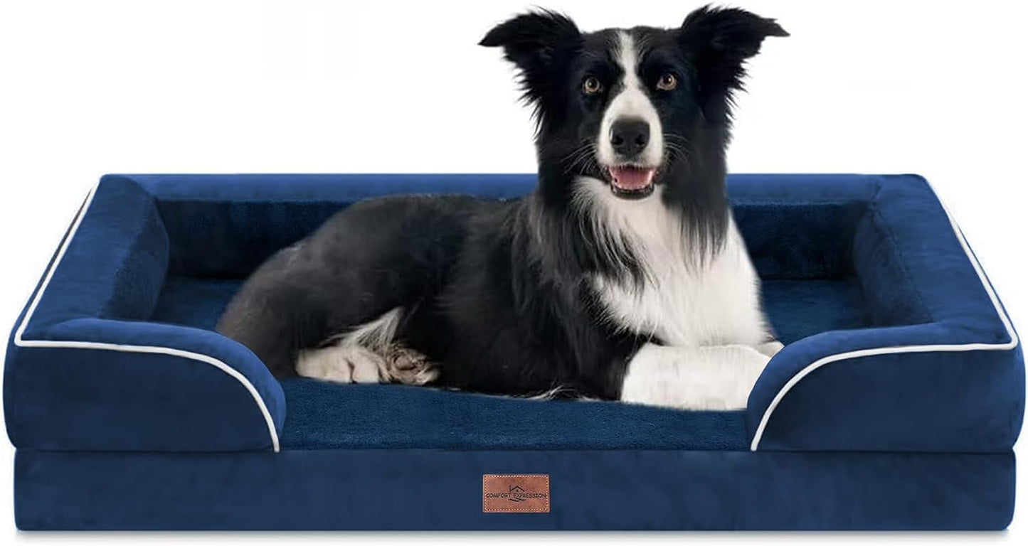 Comfort Expression Orthopedic Dog Bed for Extra Large Dogs with Bolster | Waterproof Dog Couch Bed with Washable Cover & Non-Slip Bottom, Supportive Egg Crate Foam XL Pet Bed, 42x30 Inch