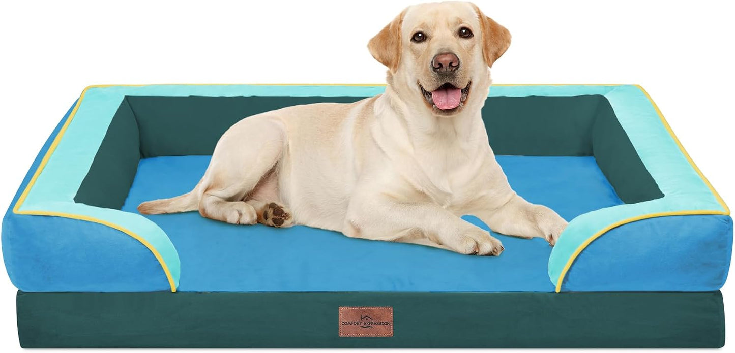 Comfort Expression Orthopedic Dog Bed for Extra Large Dogs with Bolster | Waterproof Dog Couch Bed with Washable Cover & Non-Slip Bottom, Supportive Egg Crate Foam XL Pet Bed, 42x30 Inch
