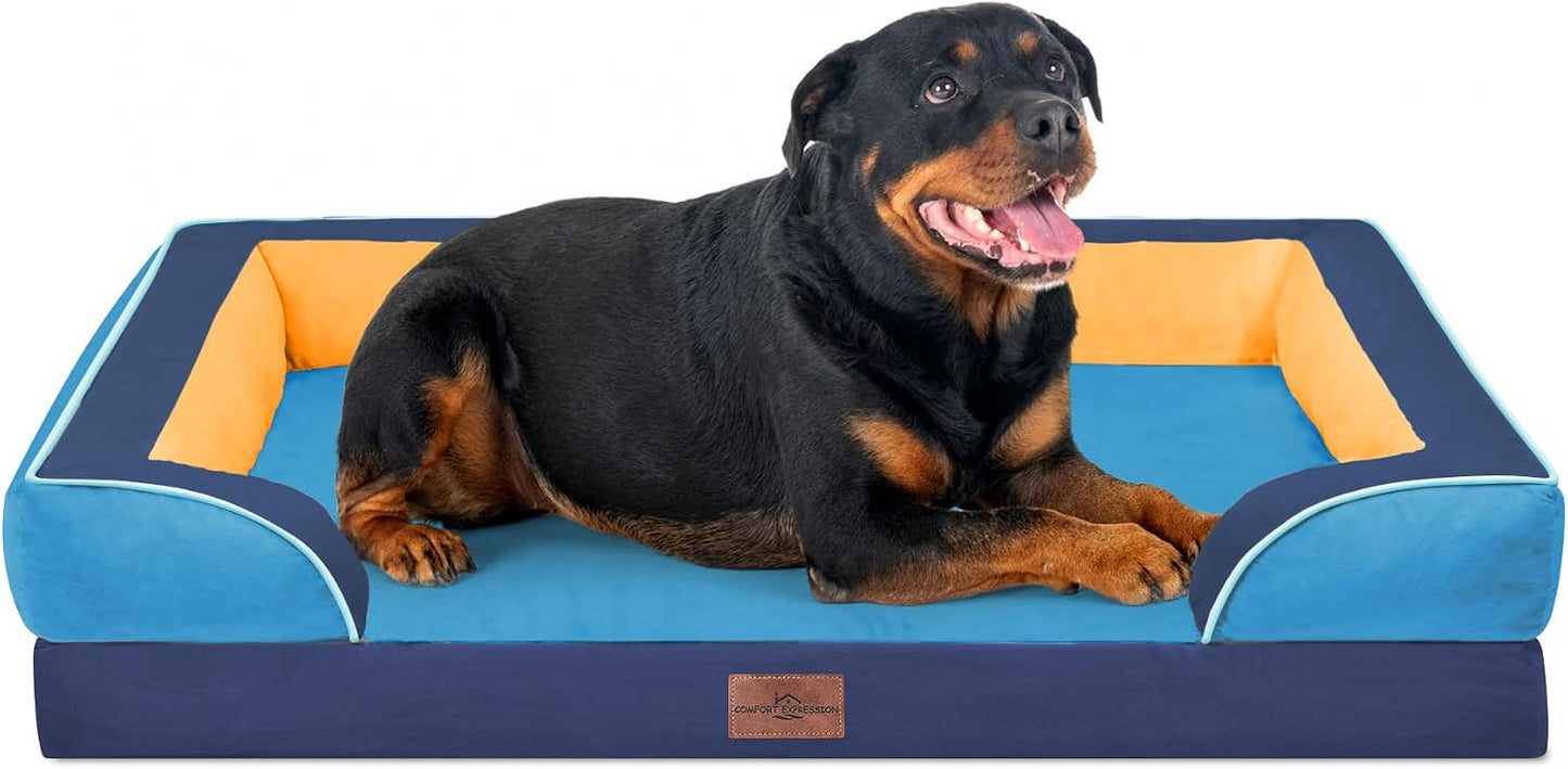 Comfort Expression Orthopedic Dog Bed for Extra Large Dogs with Bolster | Waterproof Dog Couch Bed with Washable Cover & Non-Slip Bottom, Supportive Egg Crate Foam XL Pet Bed, 42x30 Inch