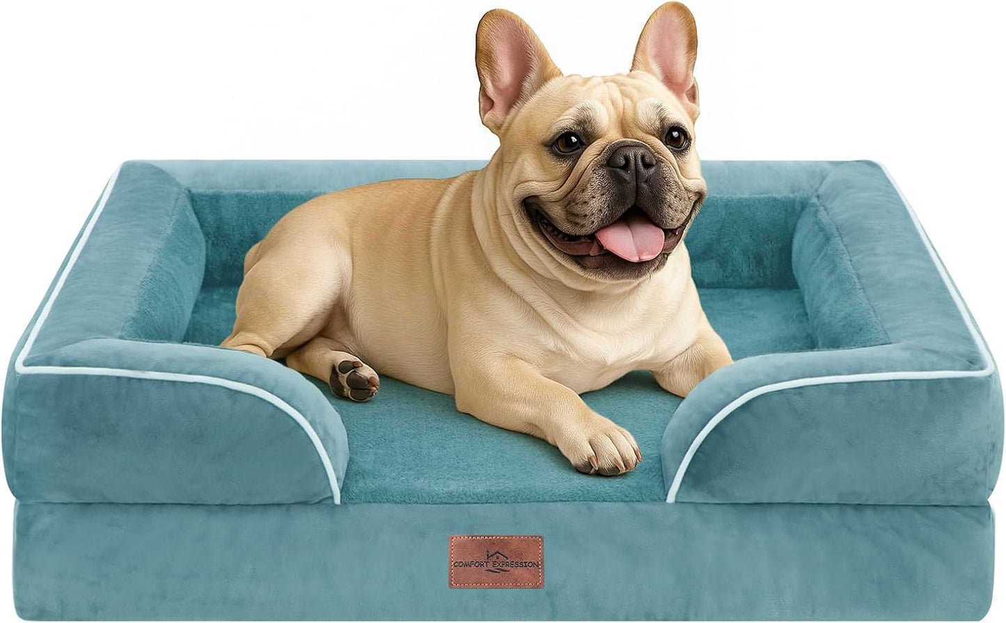 Comfort Expression Orthopedic Dog Bed for Extra Large Dogs with Bolster | Waterproof Dog Couch Bed with Washable Cover & Non-Slip Bottom, Supportive Egg Crate Foam XL Pet Bed, 42x30 Inch