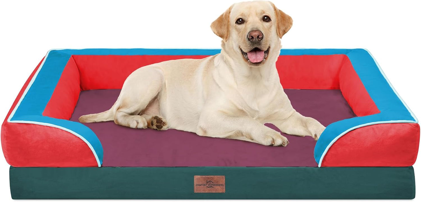 Comfort Expression Orthopedic Dog Bed for Extra Large Dogs with Bolster | Waterproof Dog Couch Bed with Washable Cover & Non-Slip Bottom, Supportive Egg Crate Foam XL Pet Bed, 42x30 Inch