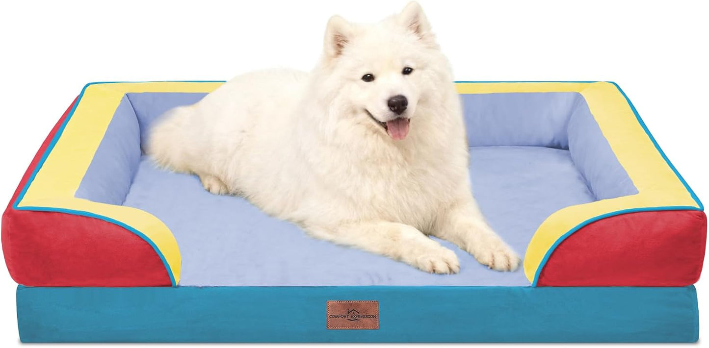 Comfort Expression Orthopedic Dog Bed for Extra Large Dogs with Bolster | Waterproof Dog Couch Bed with Washable Cover & Non-Slip Bottom, Supportive Egg Crate Foam XL Pet Bed, 42x30 Inch