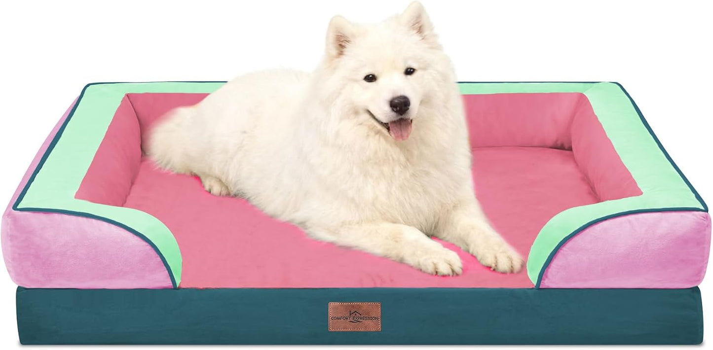 Comfort Expression Orthopedic Dog Bed for Extra Large Dogs with Bolster | Waterproof Dog Couch Bed with Washable Cover & Non-Slip Bottom, Supportive Egg Crate Foam XL Pet Bed, 42x30 Inch