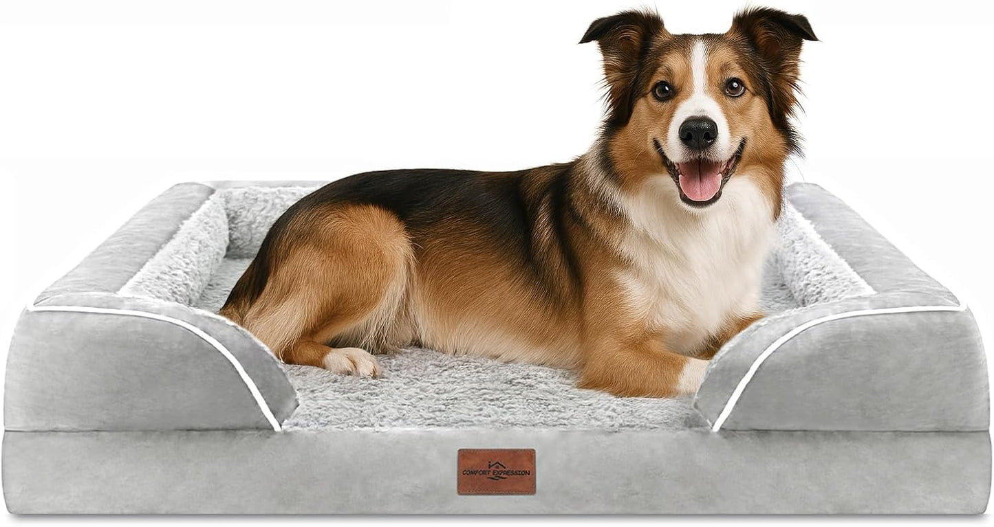 Comfort Expression Orthopedic Dog Bed for Extra Large Dogs with Bolster | Waterproof Dog Couch Bed with Washable Cover & Non-Slip Bottom, Supportive Egg Crate Foam XL Pet Bed, 42x30 Inch