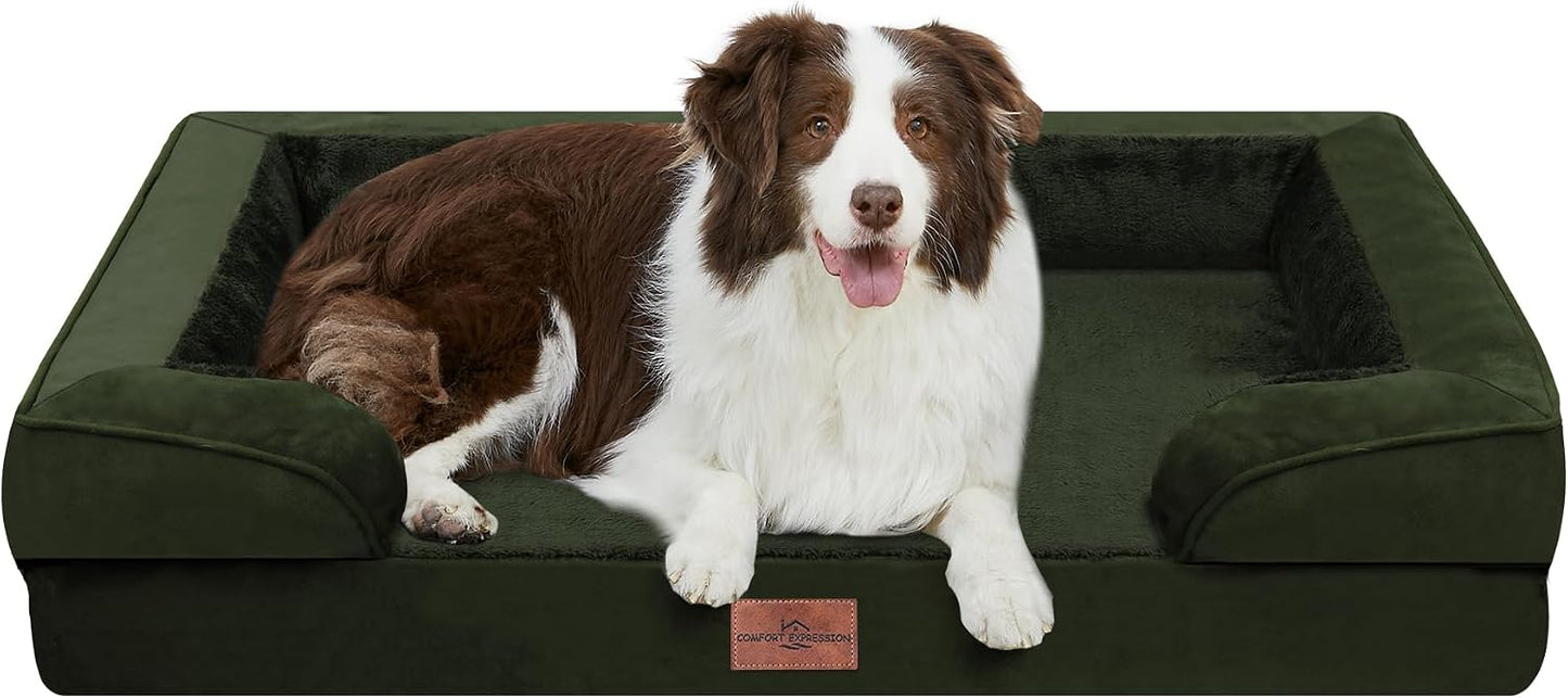 Comfort Expression Orthopedic Dog Bed for Extra Large Dogs with Bolster | Waterproof Dog Couch Bed with Washable Cover & Non-Slip Bottom, Supportive Egg Crate Foam XL Pet Bed, 42x30 Inch