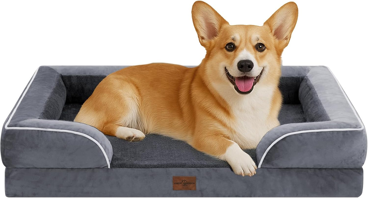 Comfort Expression Orthopedic Dog Bed for Extra Large Dogs with Bolster | Waterproof Dog Couch Bed with Washable Cover & Non-Slip Bottom, Supportive Egg Crate Foam XL Pet Bed, 42x30 Inch