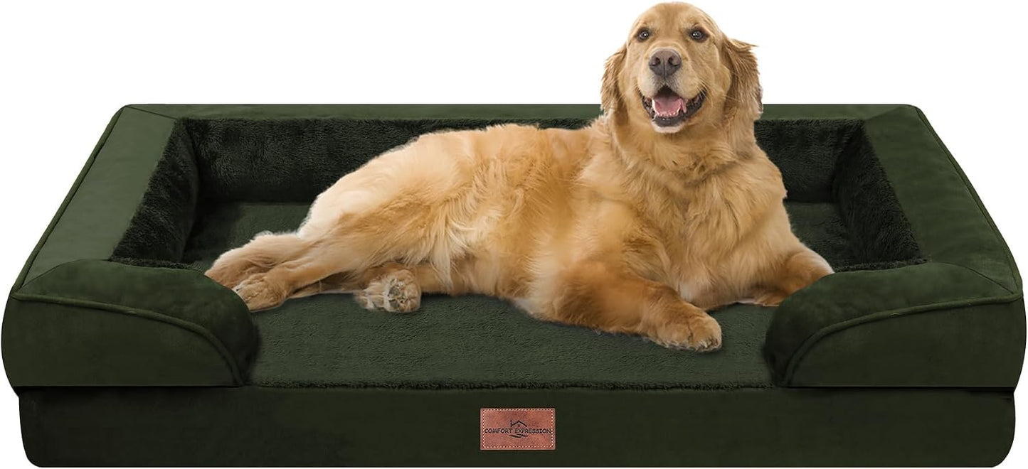 Comfort Expression Orthopedic Dog Bed for Extra Large Dogs with Bolster | Waterproof Dog Couch Bed with Washable Cover & Non-Slip Bottom, Supportive Egg Crate Foam XL Pet Bed, 42x30 Inch