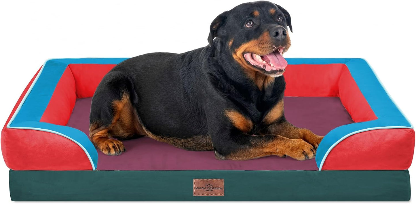 Comfort Expression Orthopedic Dog Bed for Extra Large Dogs with Bolster | Waterproof Dog Couch Bed with Washable Cover & Non-Slip Bottom, Supportive Egg Crate Foam XL Pet Bed, 42x30 Inch
