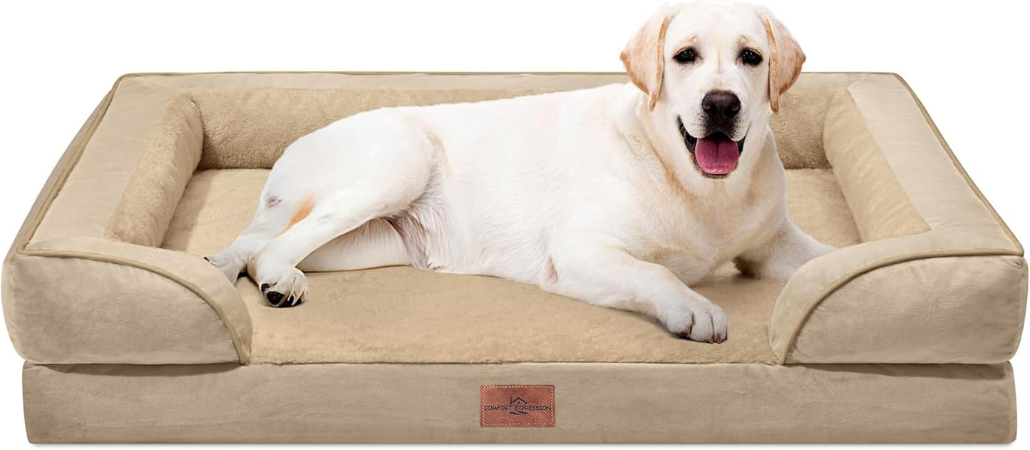 Comfort Expression Orthopedic Dog Bed for Extra Large Dogs with Bolster | Waterproof Dog Couch Bed with Washable Cover & Non-Slip Bottom, Supportive Egg Crate Foam XL Pet Bed, 42x30 Inch