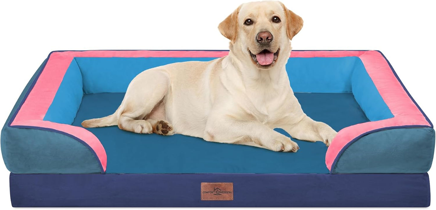Comfort Expression Orthopedic Dog Bed for Extra Large Dogs with Bolster | Waterproof Dog Couch Bed with Washable Cover & Non-Slip Bottom, Supportive Egg Crate Foam XL Pet Bed, 42x30 Inch