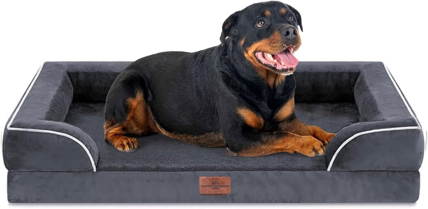 Comfort Expression Orthopedic Dog Bed for Extra Large Dogs with Bolster | Waterproof Dog Couch Bed with Washable Cover & Non-Slip Bottom, Supportive Egg Crate Foam XL Pet Bed, 42x30 Inch