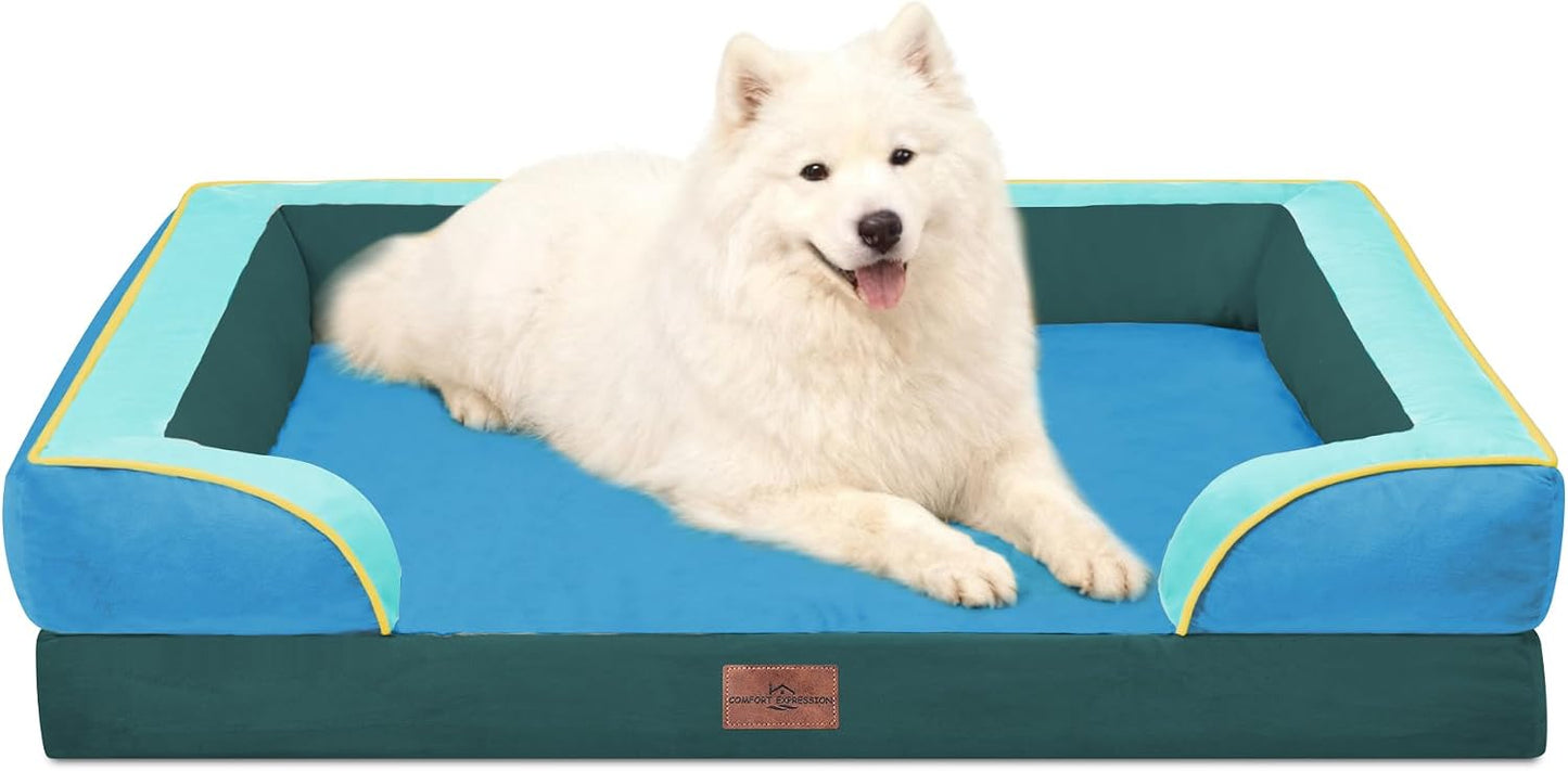 Comfort Expression Orthopedic Dog Bed for Extra Large Dogs with Bolster | Waterproof Dog Couch Bed with Washable Cover & Non-Slip Bottom, Supportive Egg Crate Foam XL Pet Bed, 42x30 Inch