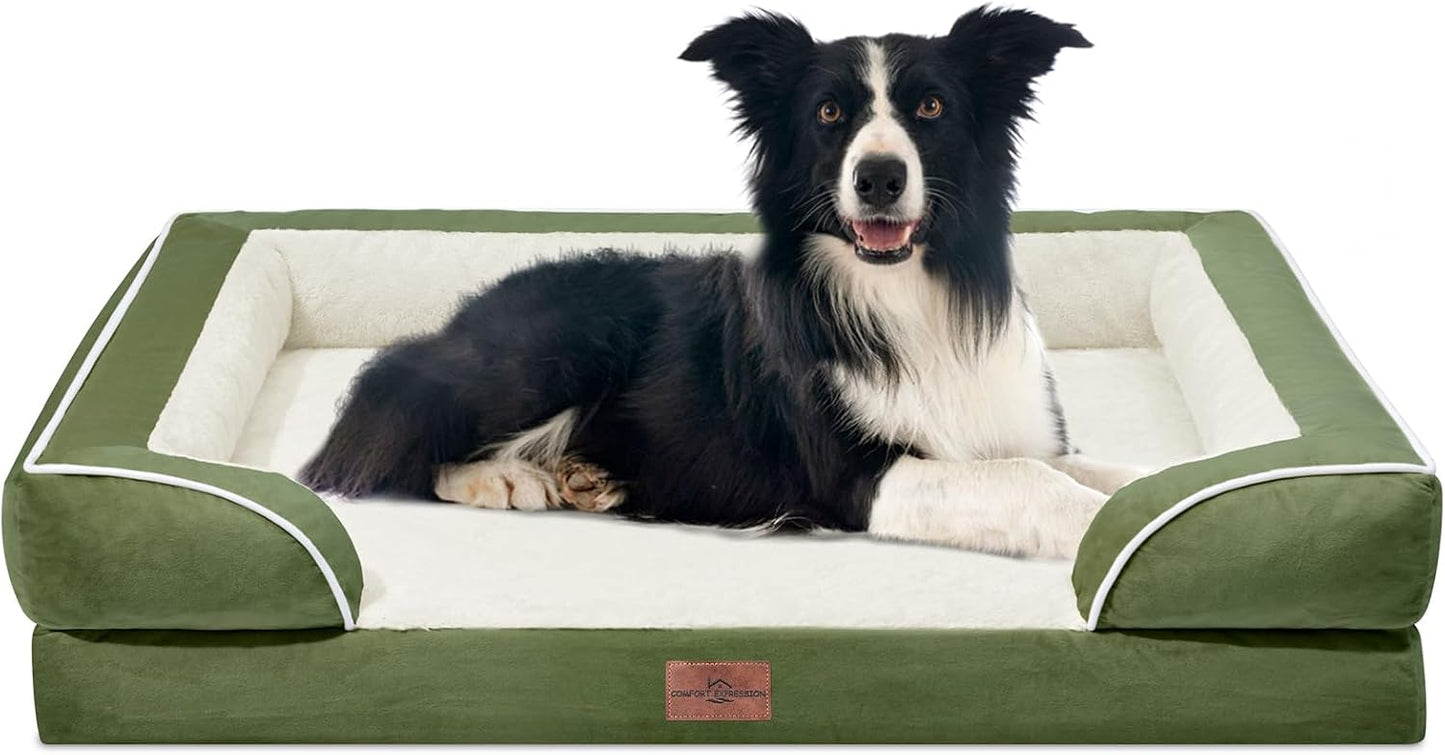 Comfort Expression Orthopedic Dog Bed for Extra Large Dogs with Bolster | Waterproof Dog Couch Bed with Washable Cover & Non-Slip Bottom, Supportive Egg Crate Foam XL Pet Bed, 42x30 Inch