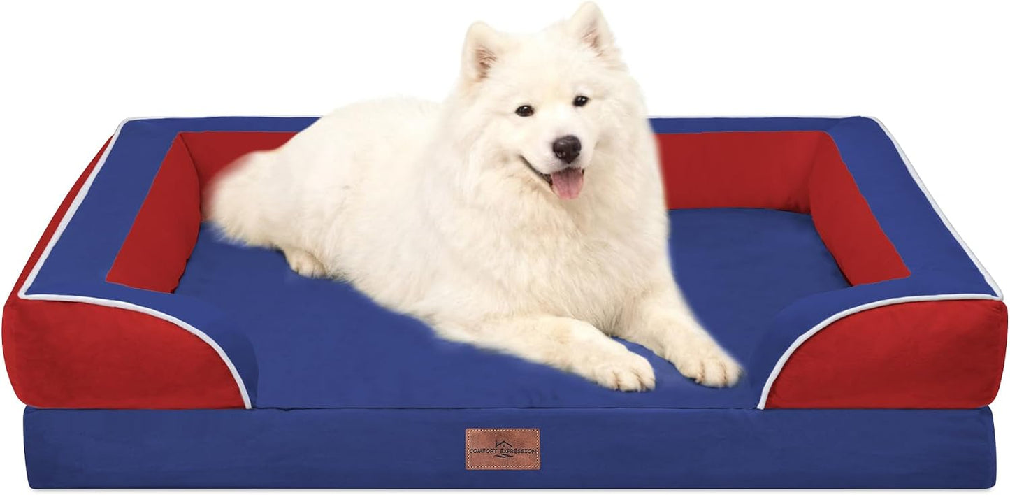 Comfort Expression Orthopedic Dog Bed for Extra Large Dogs with Bolster | Waterproof Dog Couch Bed with Washable Cover & Non-Slip Bottom, Supportive Egg Crate Foam XL Pet Bed, 42x30 Inch