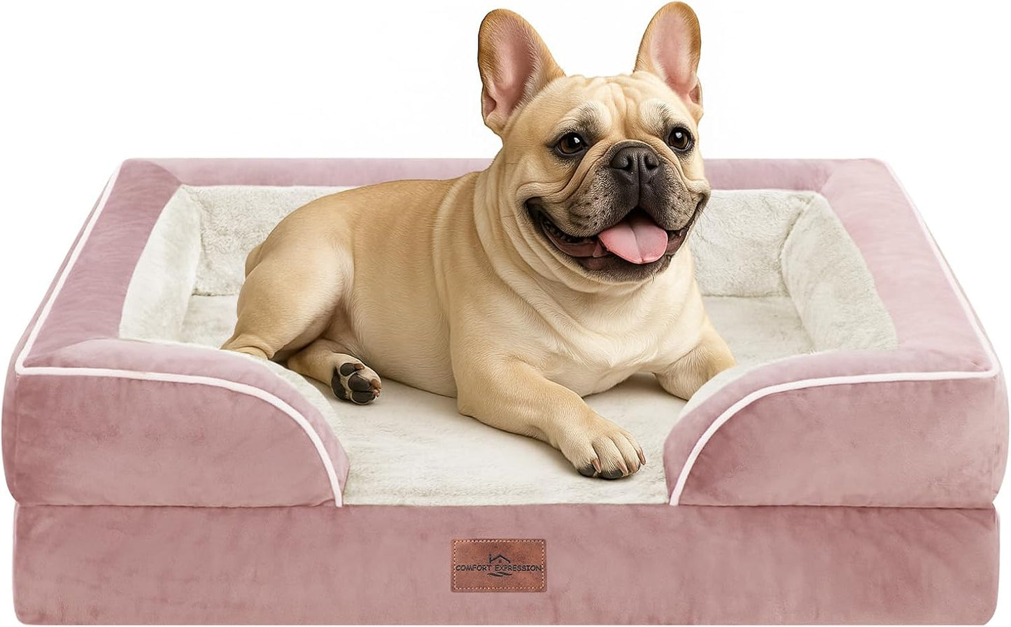 Comfort Expression Orthopedic Dog Bed for Extra Large Dogs with Bolster | Waterproof Dog Couch Bed with Washable Cover & Non-Slip Bottom, Supportive Egg Crate Foam XL Pet Bed, 42x30 Inch