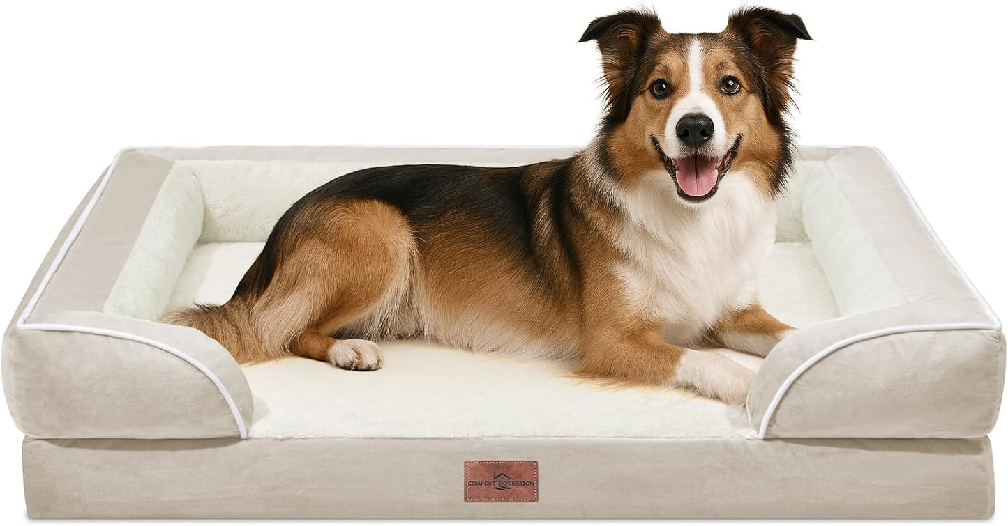 Comfort Expression Orthopedic Dog Bed for Extra Large Dogs with Bolster | Waterproof Dog Couch Bed with Washable Cover & Non-Slip Bottom, Supportive Egg Crate Foam XL Pet Bed, 42x30 Inch