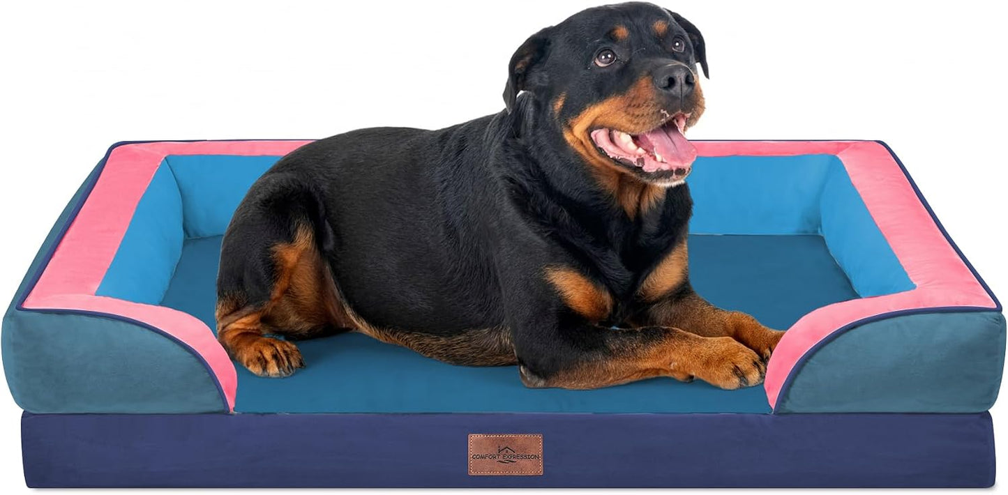 Comfort Expression Orthopedic Dog Bed for Extra Large Dogs with Bolster | Waterproof Dog Couch Bed with Washable Cover & Non-Slip Bottom, Supportive Egg Crate Foam XL Pet Bed, 42x30 Inch