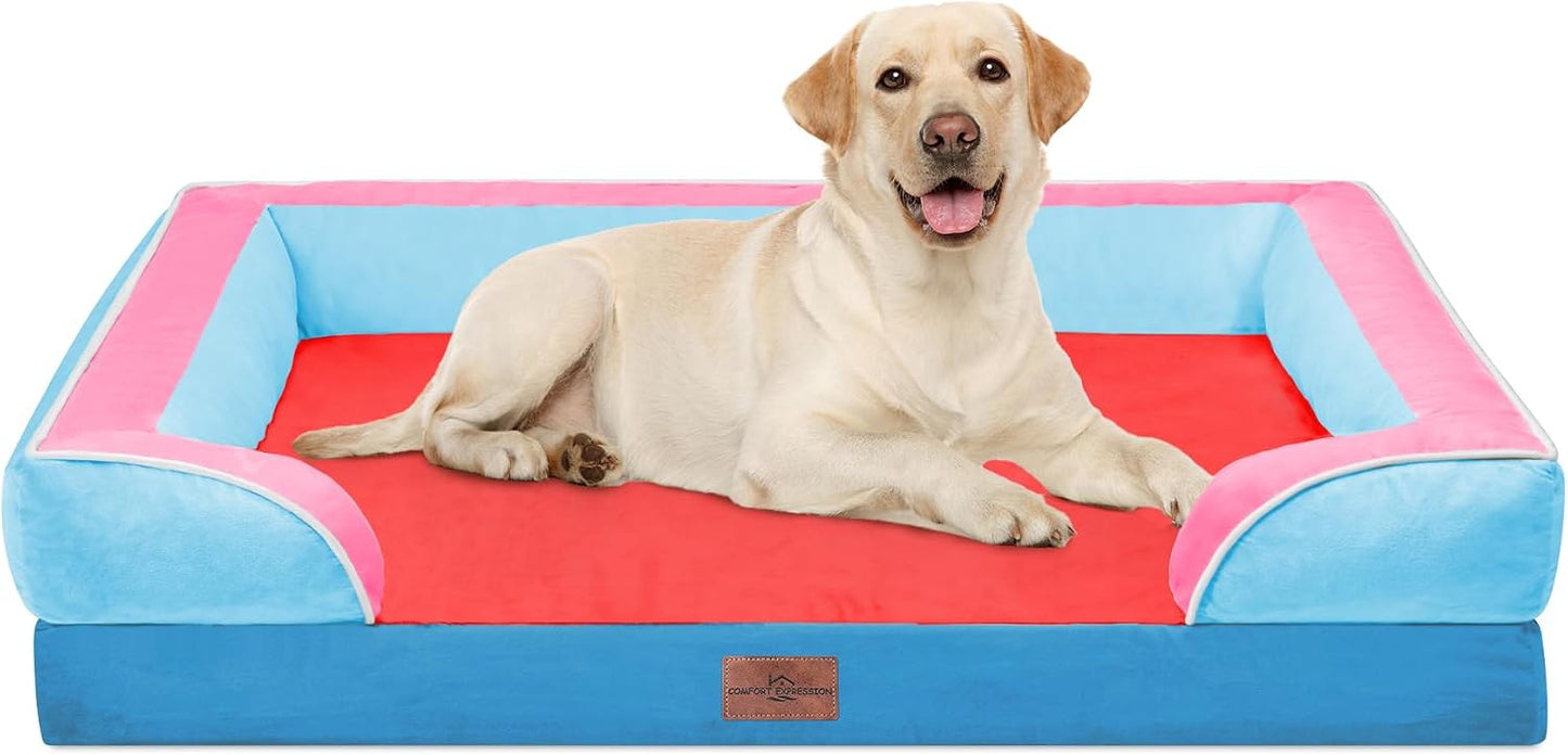Comfort Expression Orthopedic Dog Bed for Extra Large Dogs with Bolster | Waterproof Dog Couch Bed with Washable Cover & Non-Slip Bottom, Supportive Egg Crate Foam XL Pet Bed, 42x30 Inch