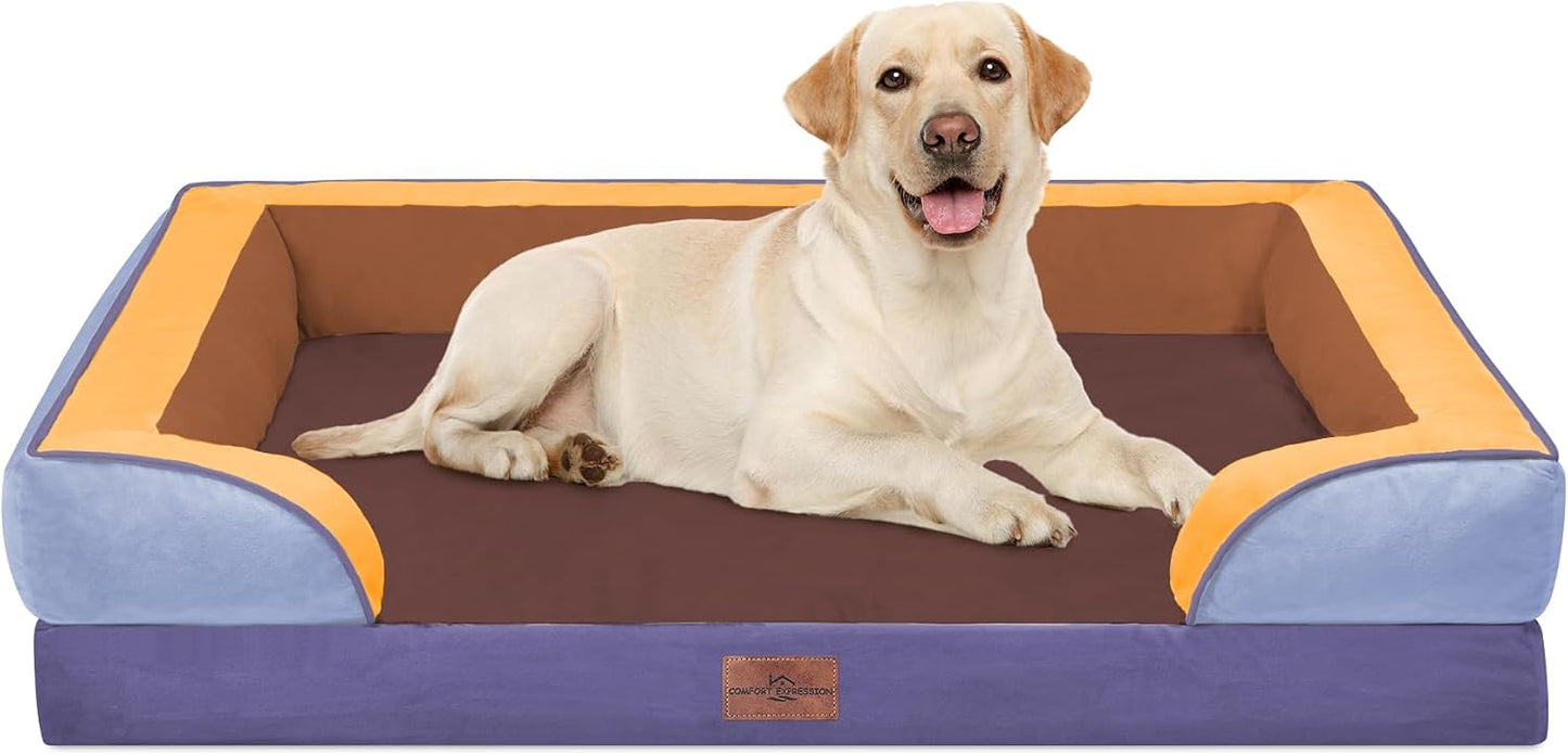Comfort Expression Orthopedic Dog Bed for Extra Large Dogs with Bolster | Waterproof Dog Couch Bed with Washable Cover & Non-Slip Bottom, Supportive Egg Crate Foam XL Pet Bed, 42x30 Inch