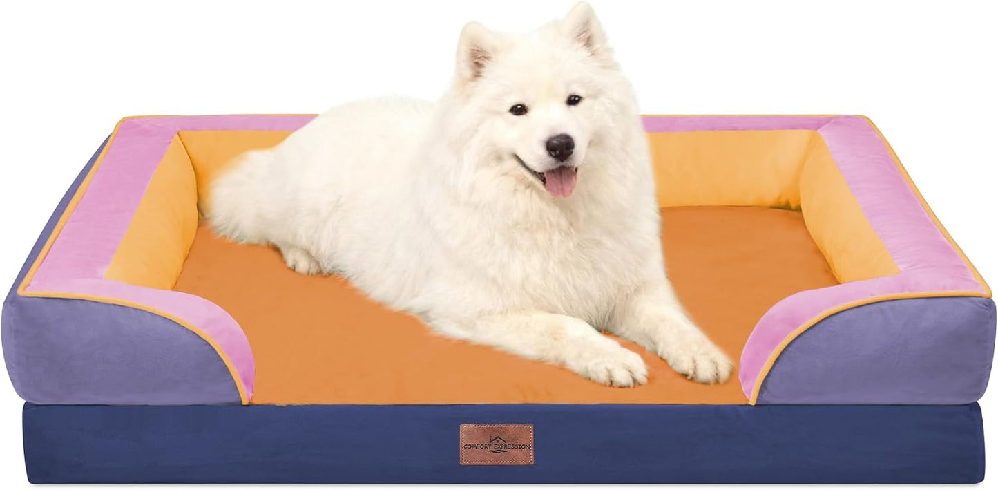 Comfort Expression Orthopedic Dog Bed for Extra Large Dogs with Bolster | Waterproof Dog Couch Bed with Washable Cover & Non-Slip Bottom, Supportive Egg Crate Foam XL Pet Bed, 42x30 Inch