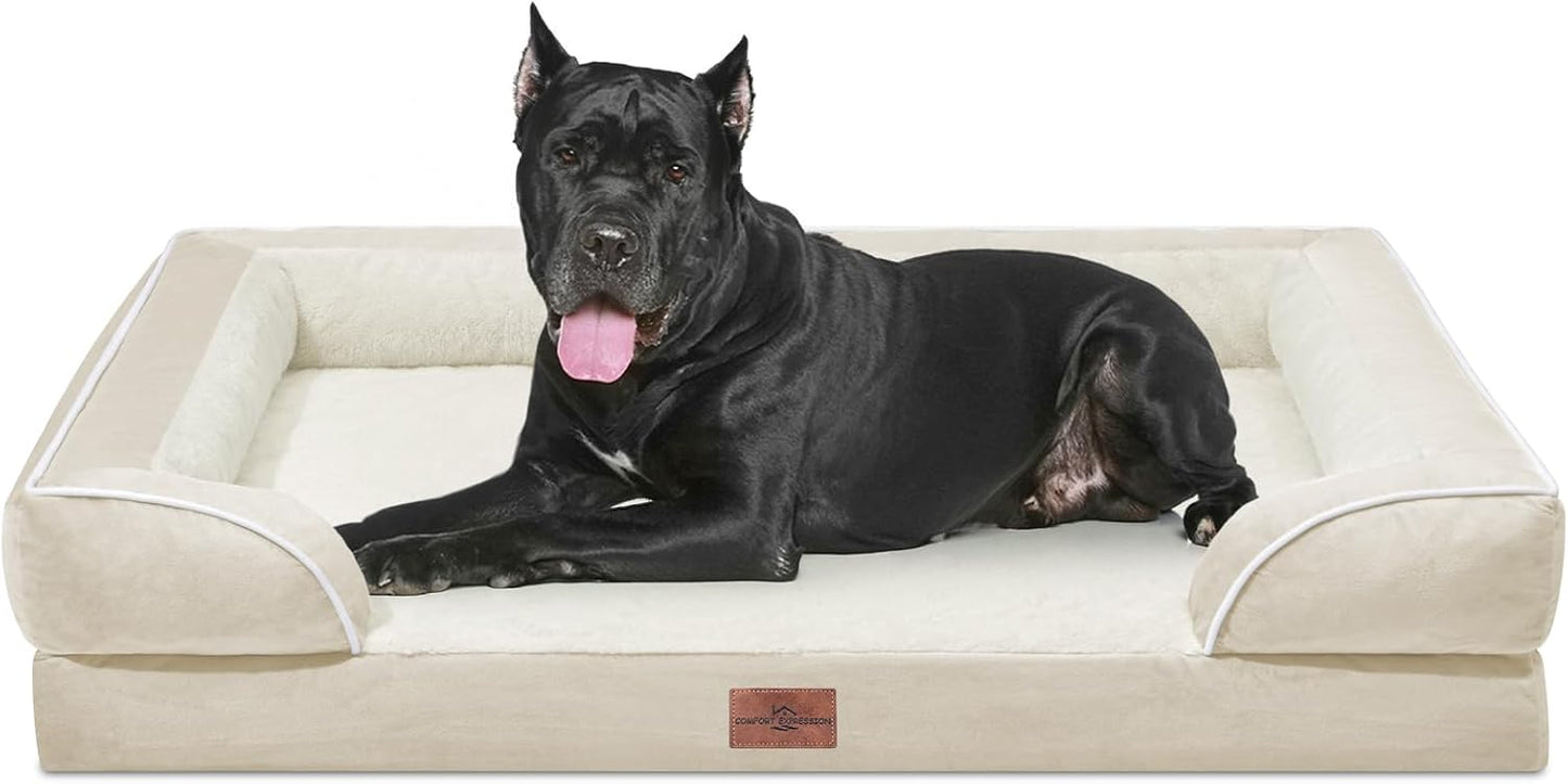 Comfort Expression Orthopedic Dog Bed for Extra Large Dogs with Bolster | Waterproof Dog Couch Bed with Washable Cover & Non-Slip Bottom, Supportive Egg Crate Foam XL Pet Bed, 42x30 Inch