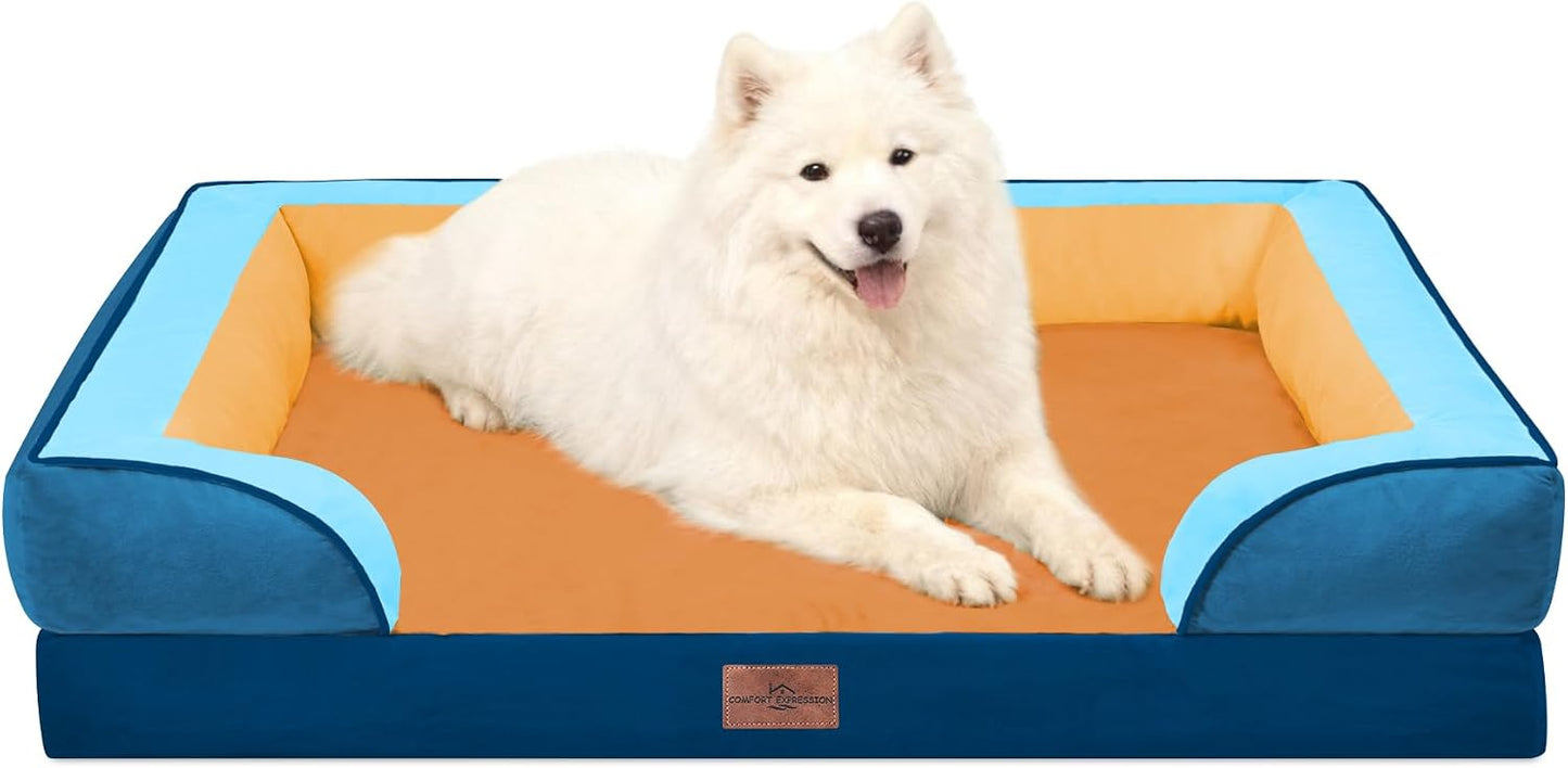 Comfort Expression Orthopedic Dog Bed for Extra Large Dogs with Bolster | Waterproof Dog Couch Bed with Washable Cover & Non-Slip Bottom, Supportive Egg Crate Foam XL Pet Bed, 42x30 Inch