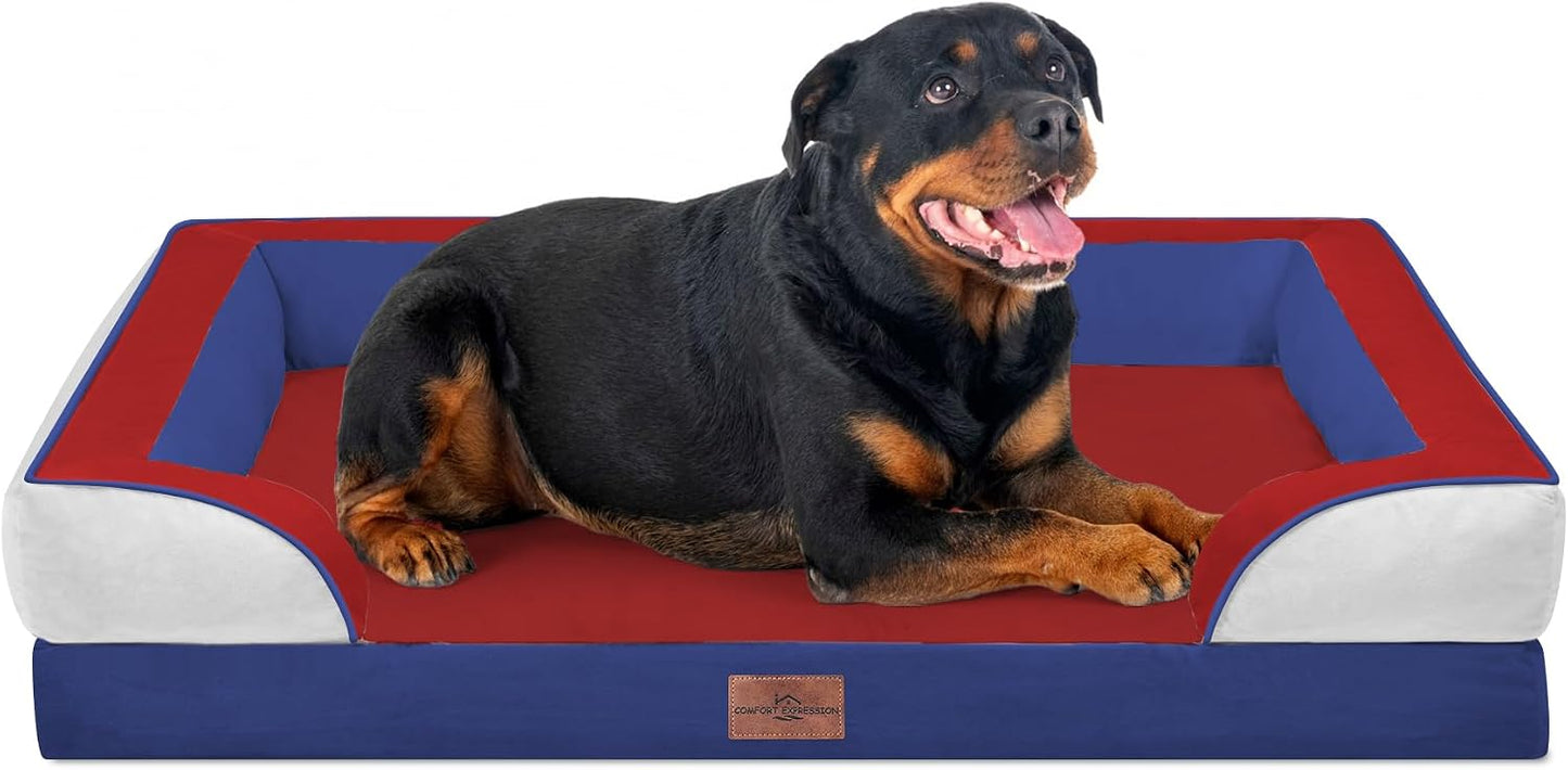 Comfort Expression Orthopedic Dog Bed for Extra Large Dogs with Bolster | Waterproof Dog Couch Bed with Washable Cover & Non-Slip Bottom, Supportive Egg Crate Foam XL Pet Bed, 42x30 Inch