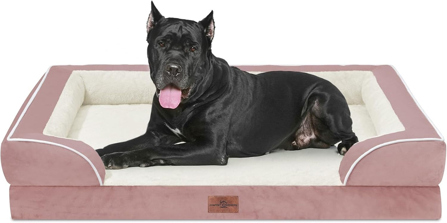 Comfort Expression Orthopedic Dog Bed for Extra Large Dogs with Bolster | Waterproof Dog Couch Bed with Washable Cover & Non-Slip Bottom, Supportive Egg Crate Foam XL Pet Bed, 42x30 Inch