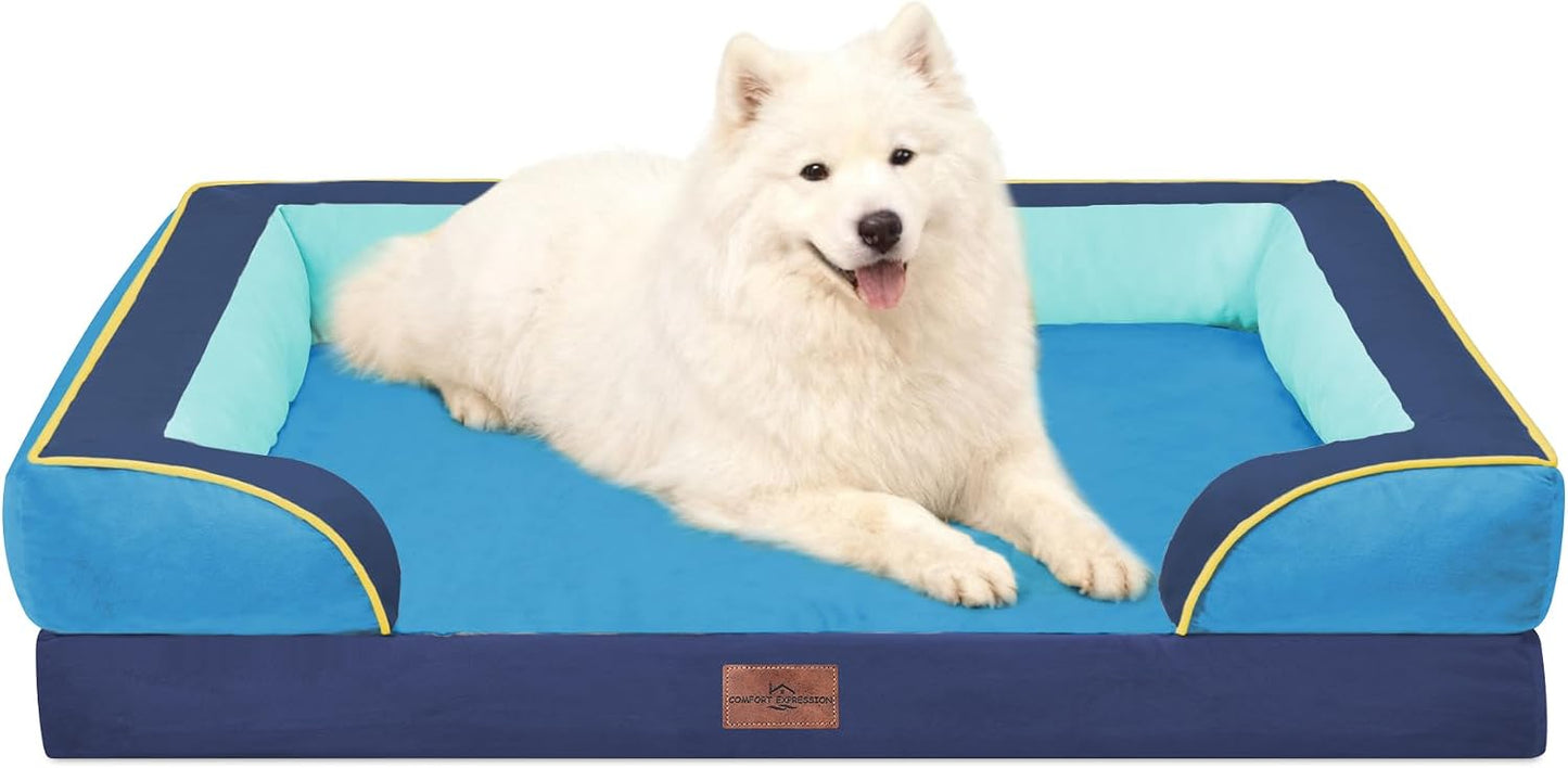 Comfort Expression Orthopedic Dog Bed for Extra Large Dogs with Bolster | Waterproof Dog Couch Bed with Washable Cover & Non-Slip Bottom, Supportive Egg Crate Foam XL Pet Bed, 42x30 Inch
