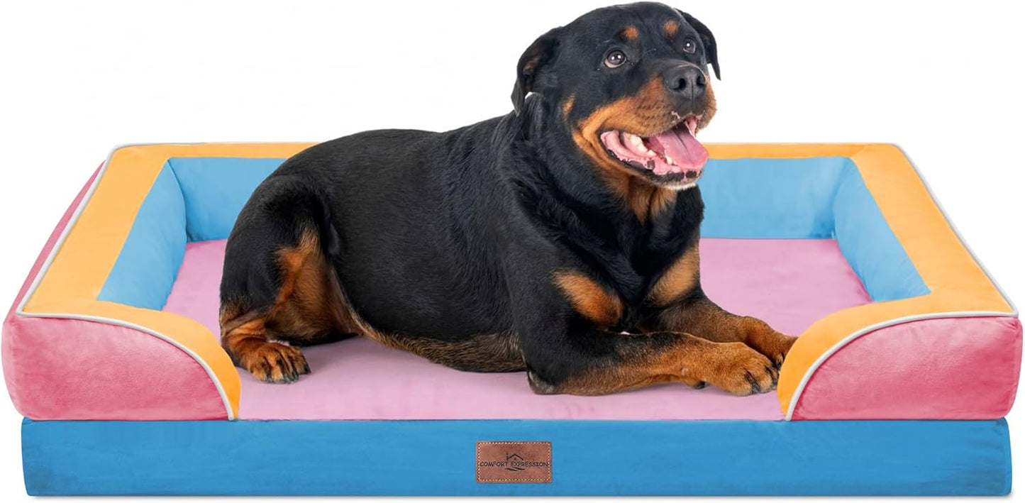 Comfort Expression Orthopedic Dog Bed for Extra Large Dogs with Bolster | Waterproof Dog Couch Bed with Washable Cover & Non-Slip Bottom, Supportive Egg Crate Foam XL Pet Bed, 42x30 Inch
