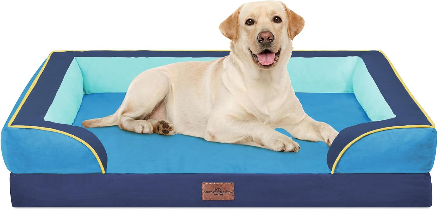Comfort Expression Orthopedic Dog Bed for Extra Large Dogs with Bolster | Waterproof Dog Couch Bed with Washable Cover & Non-Slip Bottom, Supportive Egg Crate Foam XL Pet Bed, 42x30 Inch
