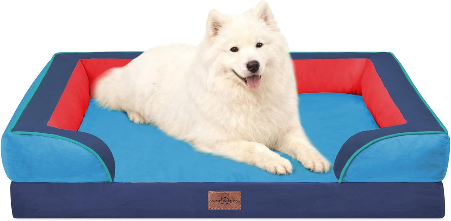 Comfort Expression Orthopedic Dog Bed for Extra Large Dogs with Bolster | Waterproof Dog Couch Bed with Washable Cover & Non-Slip Bottom, Supportive Egg Crate Foam XL Pet Bed, 42x30 Inch