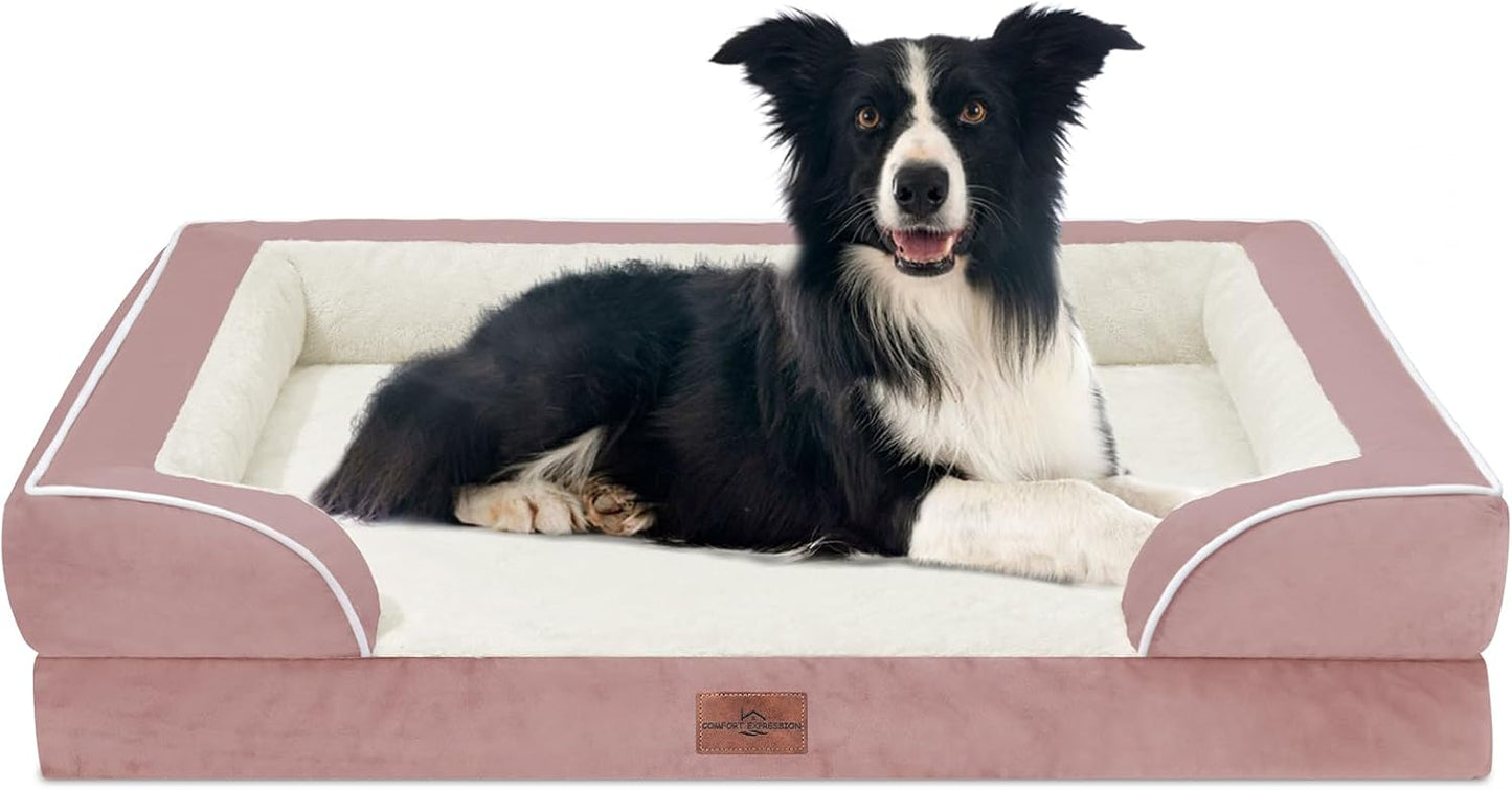 Comfort Expression Orthopedic Dog Bed for Extra Large Dogs with Bolster | Waterproof Dog Couch Bed with Washable Cover & Non-Slip Bottom, Supportive Egg Crate Foam XL Pet Bed, 42x30 Inch
