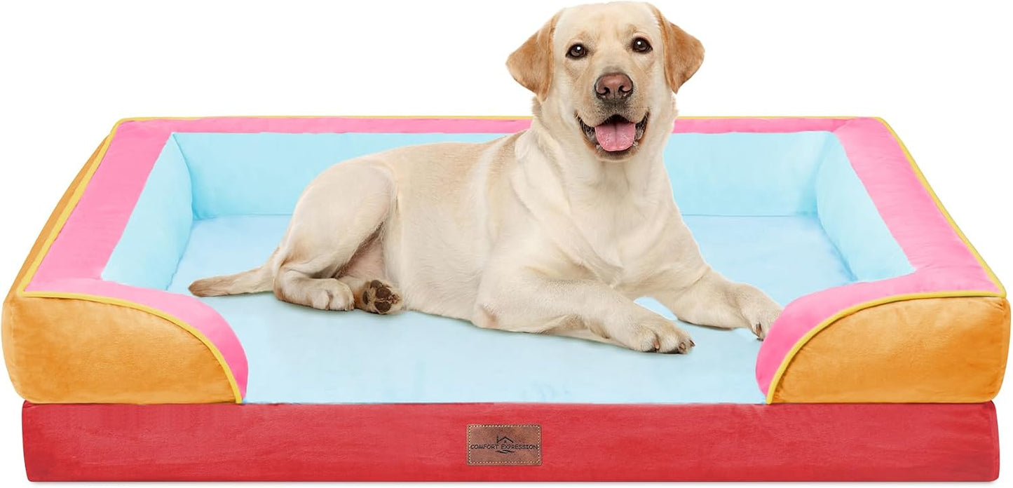 Comfort Expression Orthopedic Dog Bed for Extra Large Dogs with Bolster | Waterproof Dog Couch Bed with Washable Cover & Non-Slip Bottom, Supportive Egg Crate Foam XL Pet Bed, 42x30 Inch