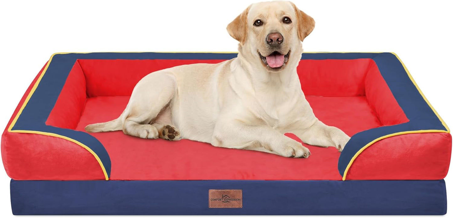 Comfort Expression Orthopedic Dog Bed for Extra Large Dogs with Bolster | Waterproof Dog Couch Bed with Washable Cover & Non-Slip Bottom, Supportive Egg Crate Foam XL Pet Bed, 42x30 Inch