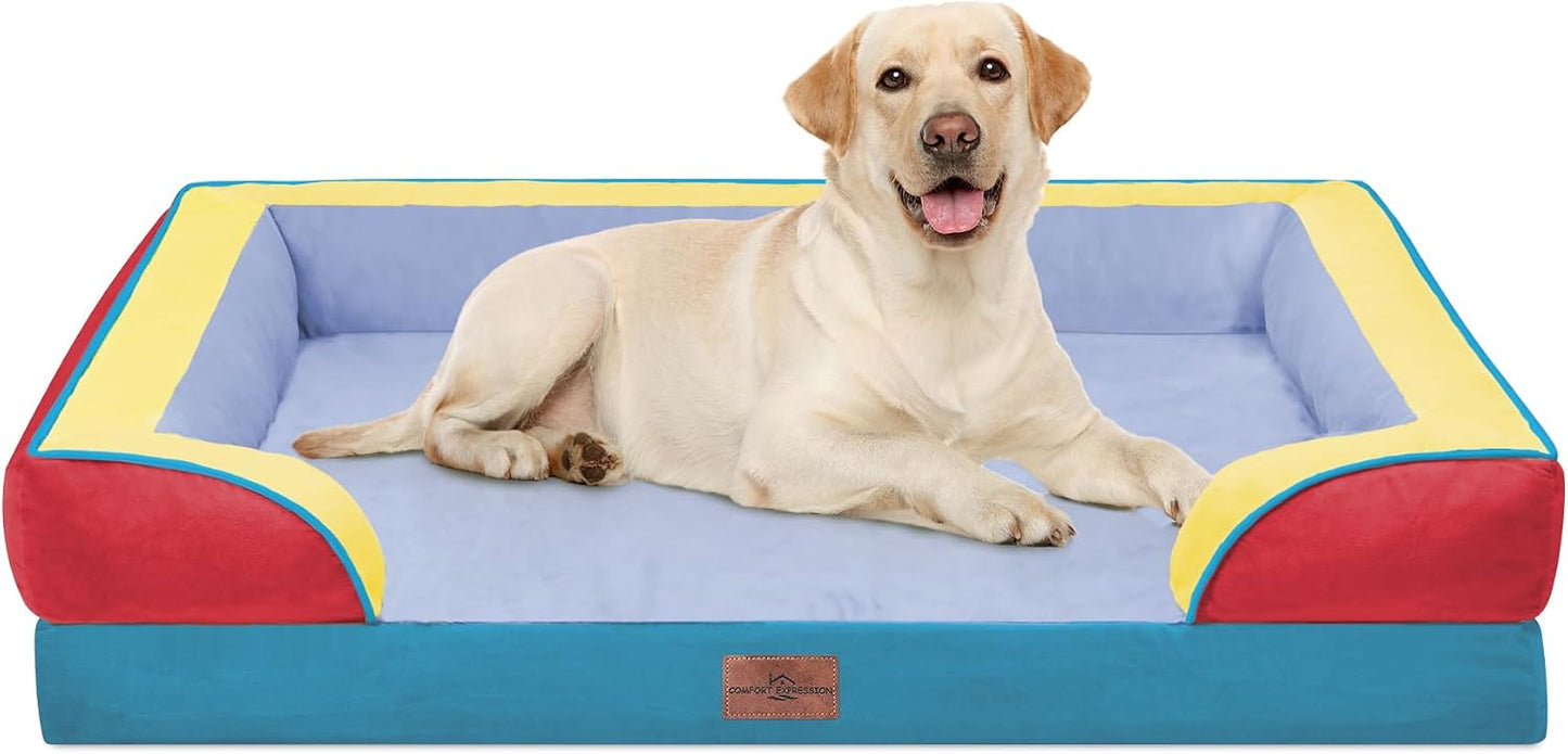 Comfort Expression Orthopedic Dog Bed for Extra Large Dogs with Bolster | Waterproof Dog Couch Bed with Washable Cover & Non-Slip Bottom, Supportive Egg Crate Foam XL Pet Bed, 42x30 Inch