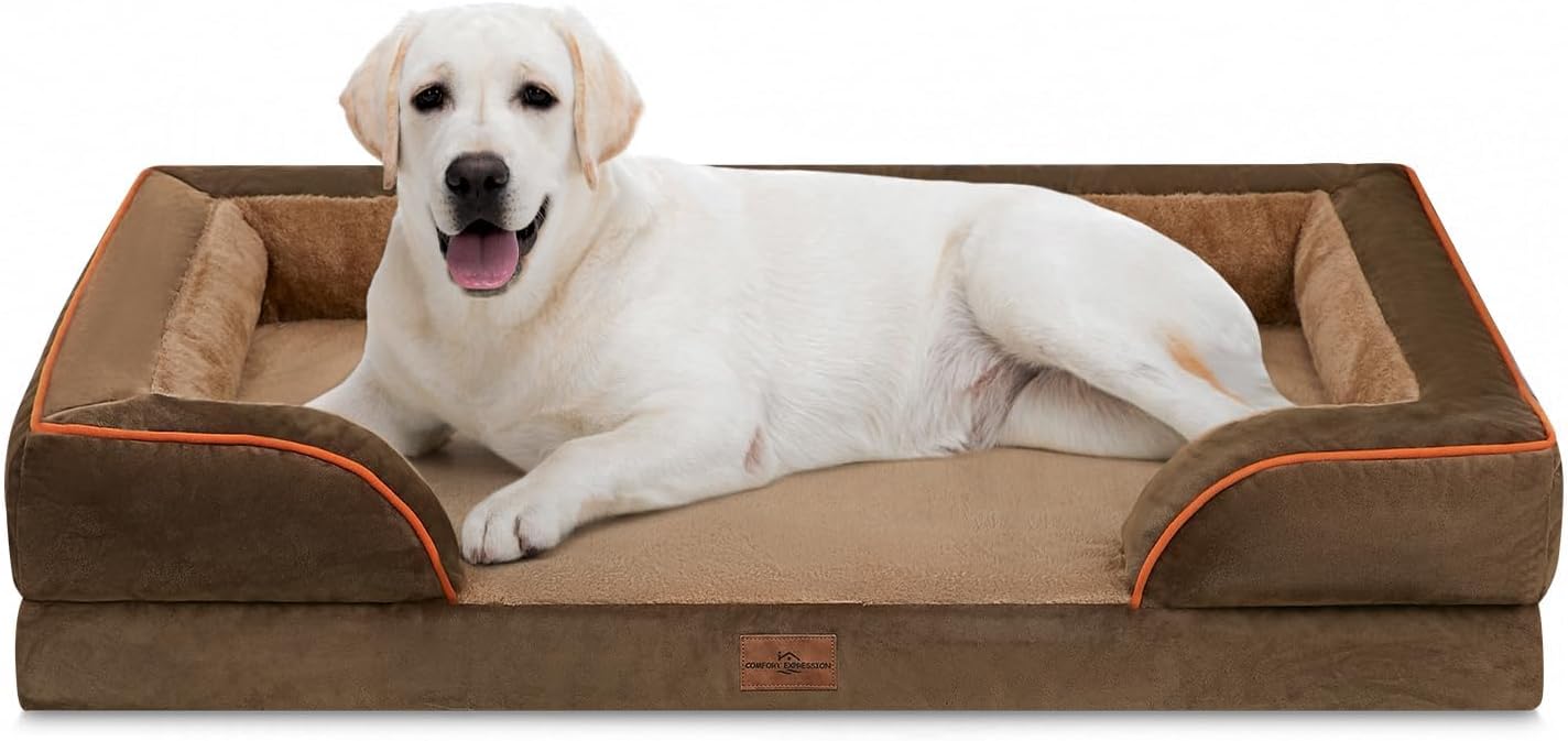 Comfort Expression Orthopedic Dog Bed for Extra Large Dogs with Bolster | Waterproof Dog Couch Bed with Washable Cover & Non-Slip Bottom, Supportive Egg Crate Foam XL Pet Bed, 42x30 Inch