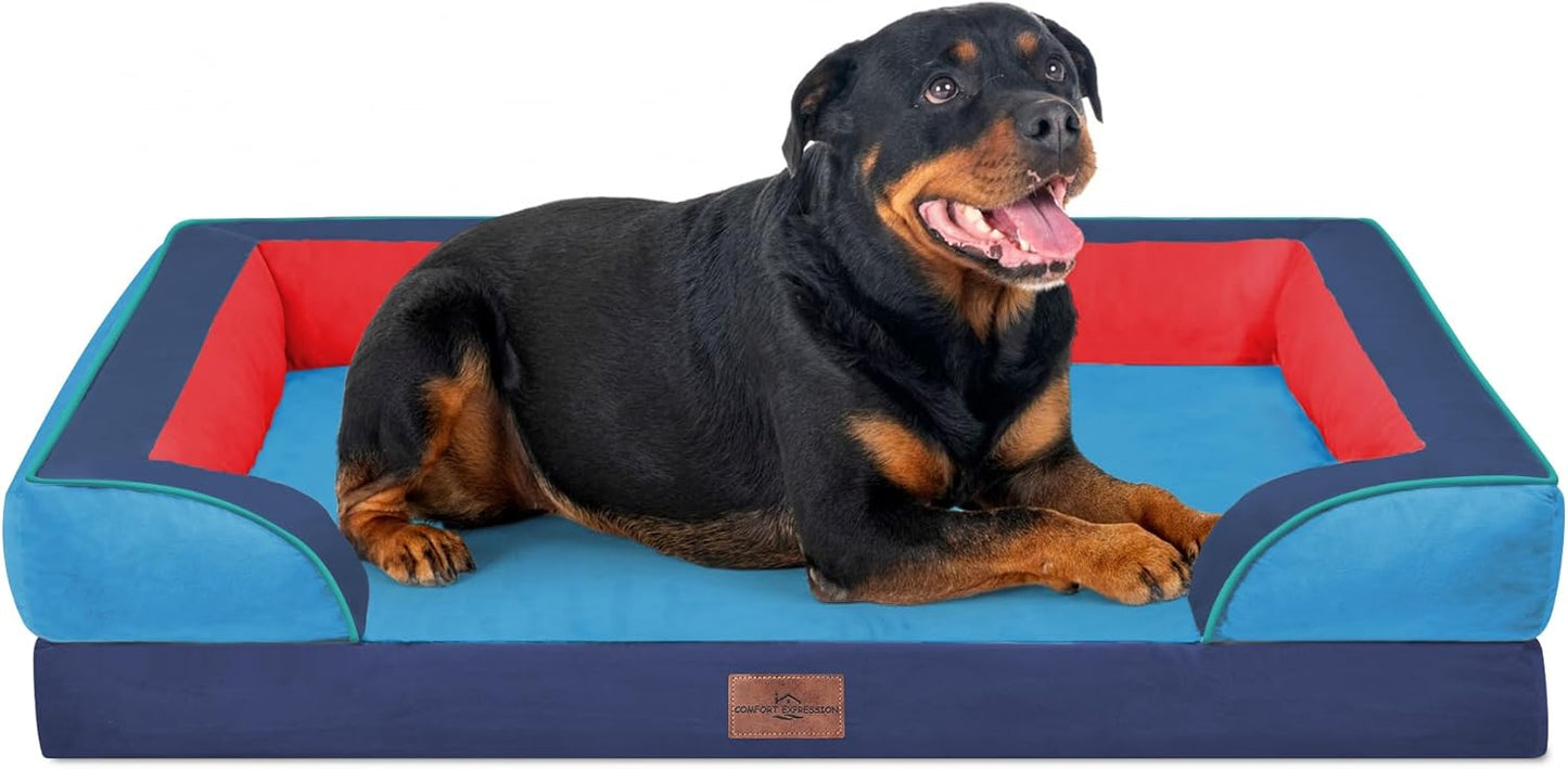 Comfort Expression Orthopedic Dog Bed for Extra Large Dogs with Bolster | Waterproof Dog Couch Bed with Washable Cover & Non-Slip Bottom, Supportive Egg Crate Foam XL Pet Bed, 42x30 Inch